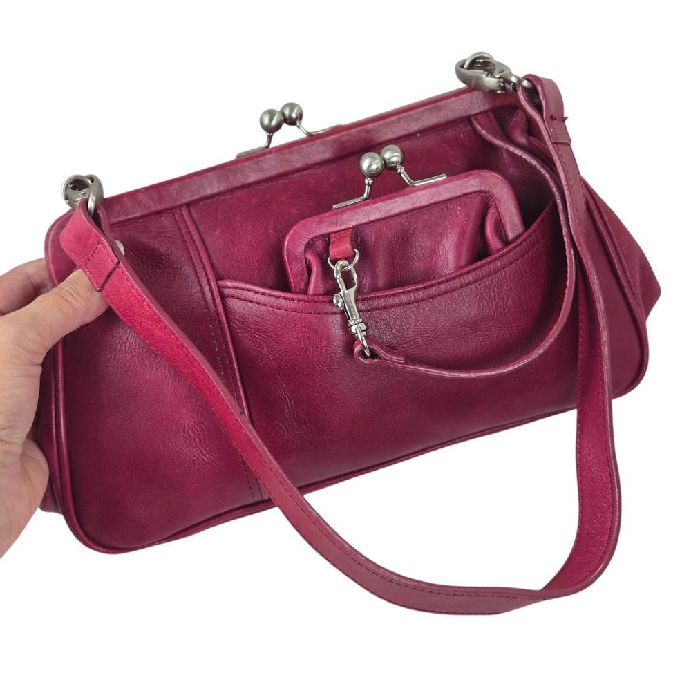 Latico Leather Frame Shoulder Bag & Matching Kiss Lock Pouch Set Raspberry Pink